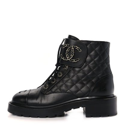 Chanel Shiny Calfskin Quilted Lace Up Combat Boots 38 Black 1 of 8