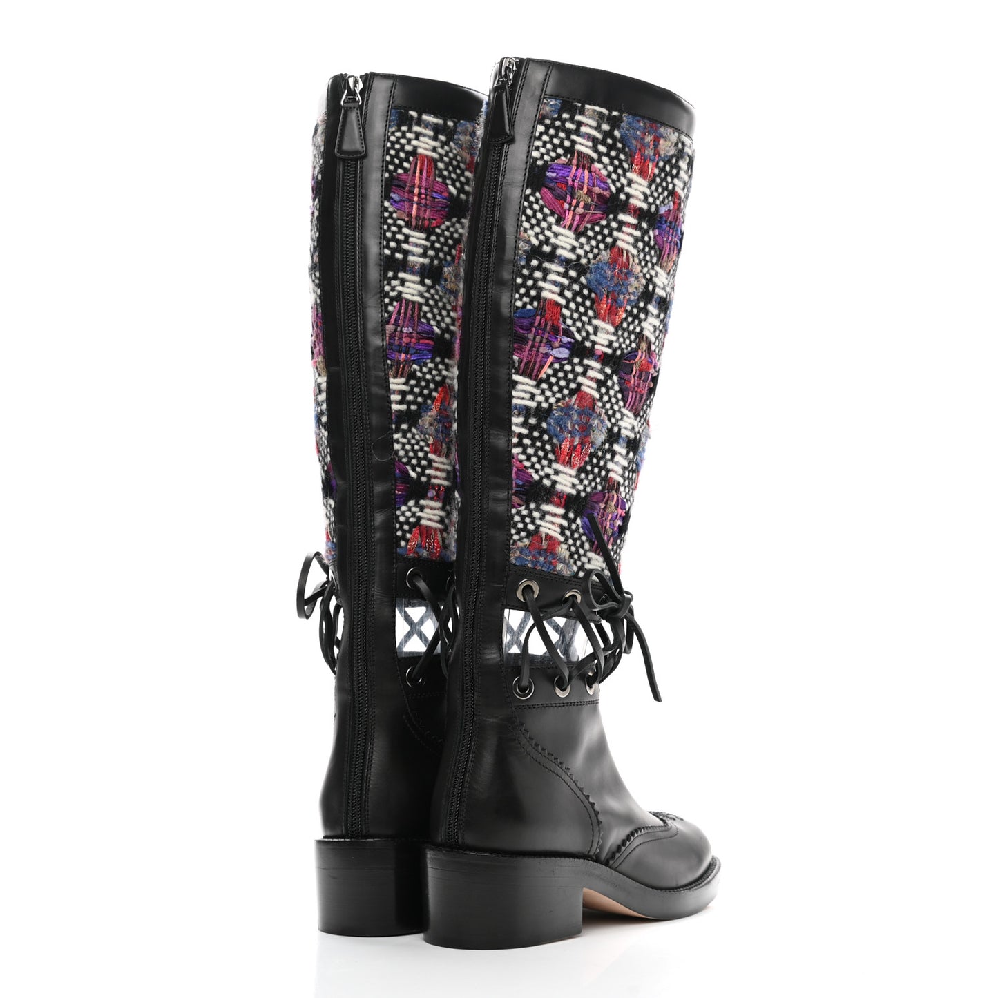 Tweed Calfskin Lace Up Knee Boots 35 Black White Multicolor