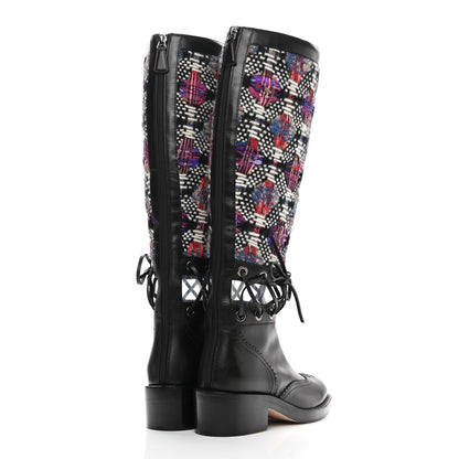 Chanel Tweed Calfskin Lace Up Knee Boots 35 Black White Multicolor 4 of 6