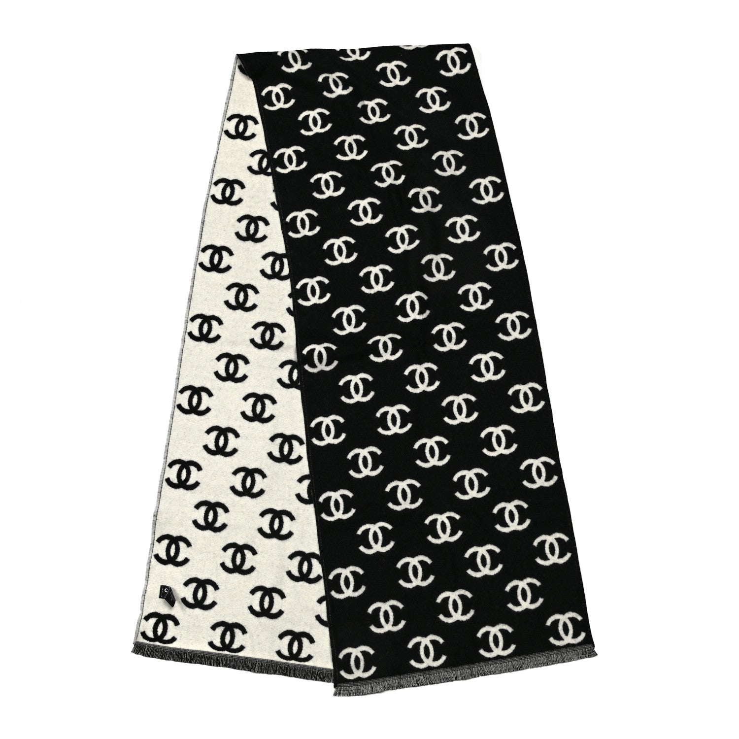 Chanel Wool Cashmere CC Scarf Black White 2 of 3