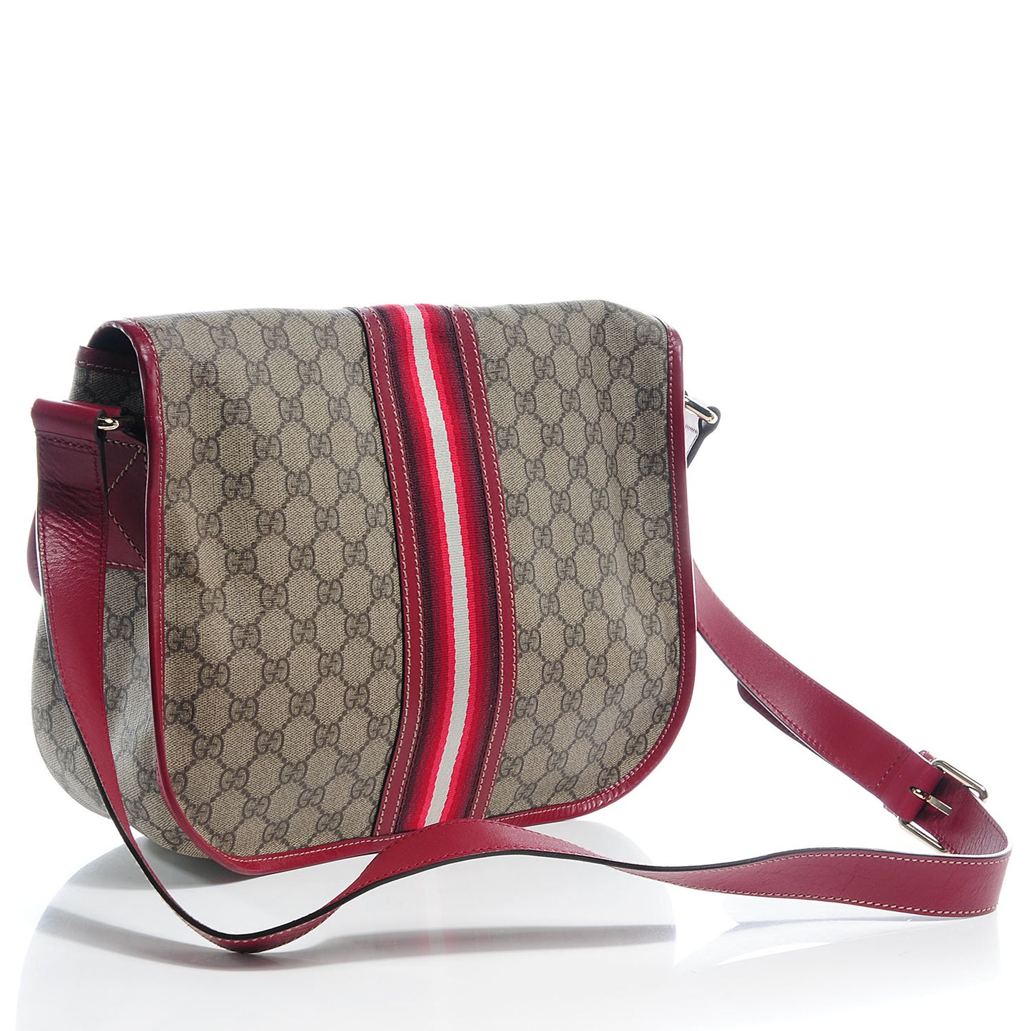 GG Plus Monogram Medium Double Buckle Flap Messenger Bag Beige Red