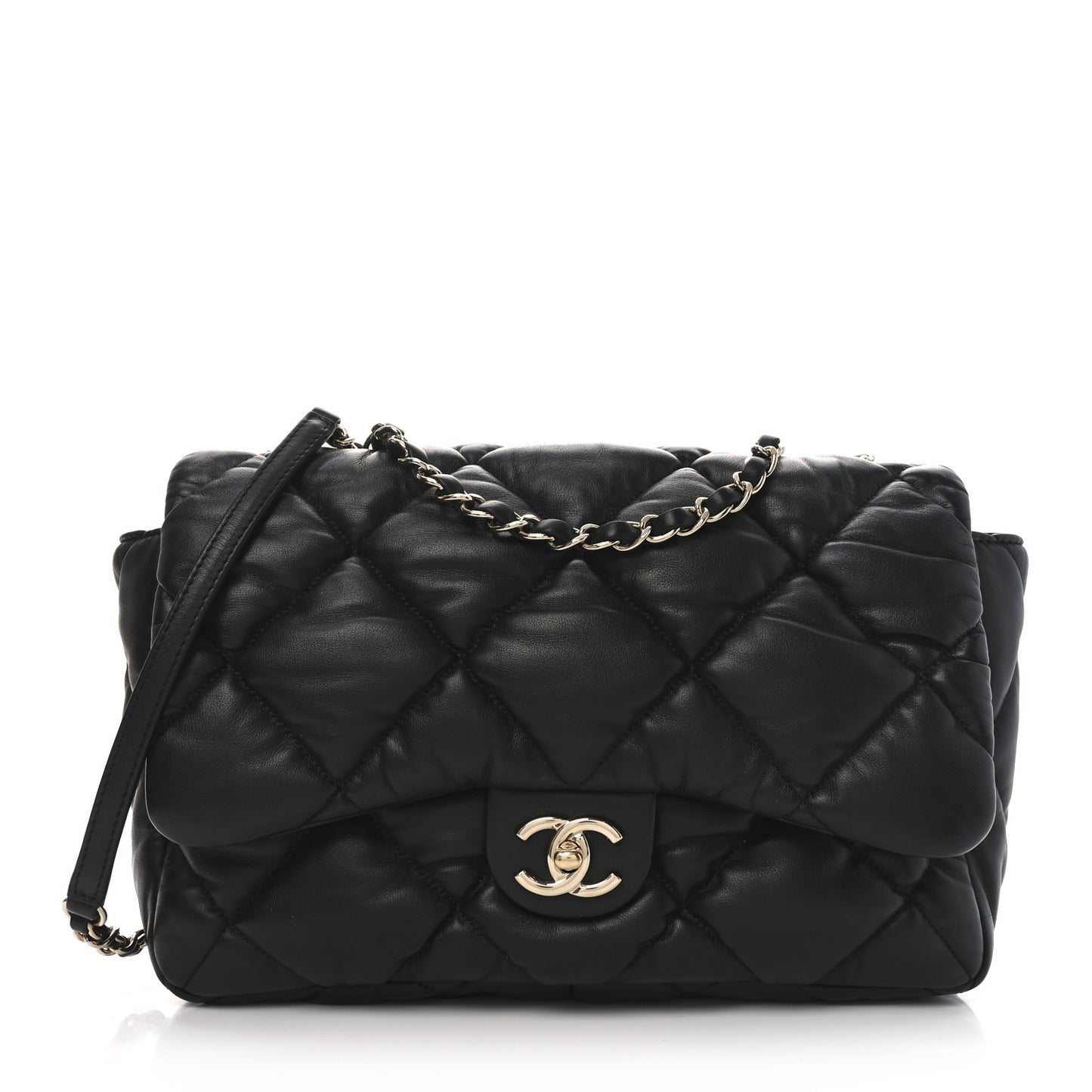 Calfskin Quilted Large Bubbly Flap Black