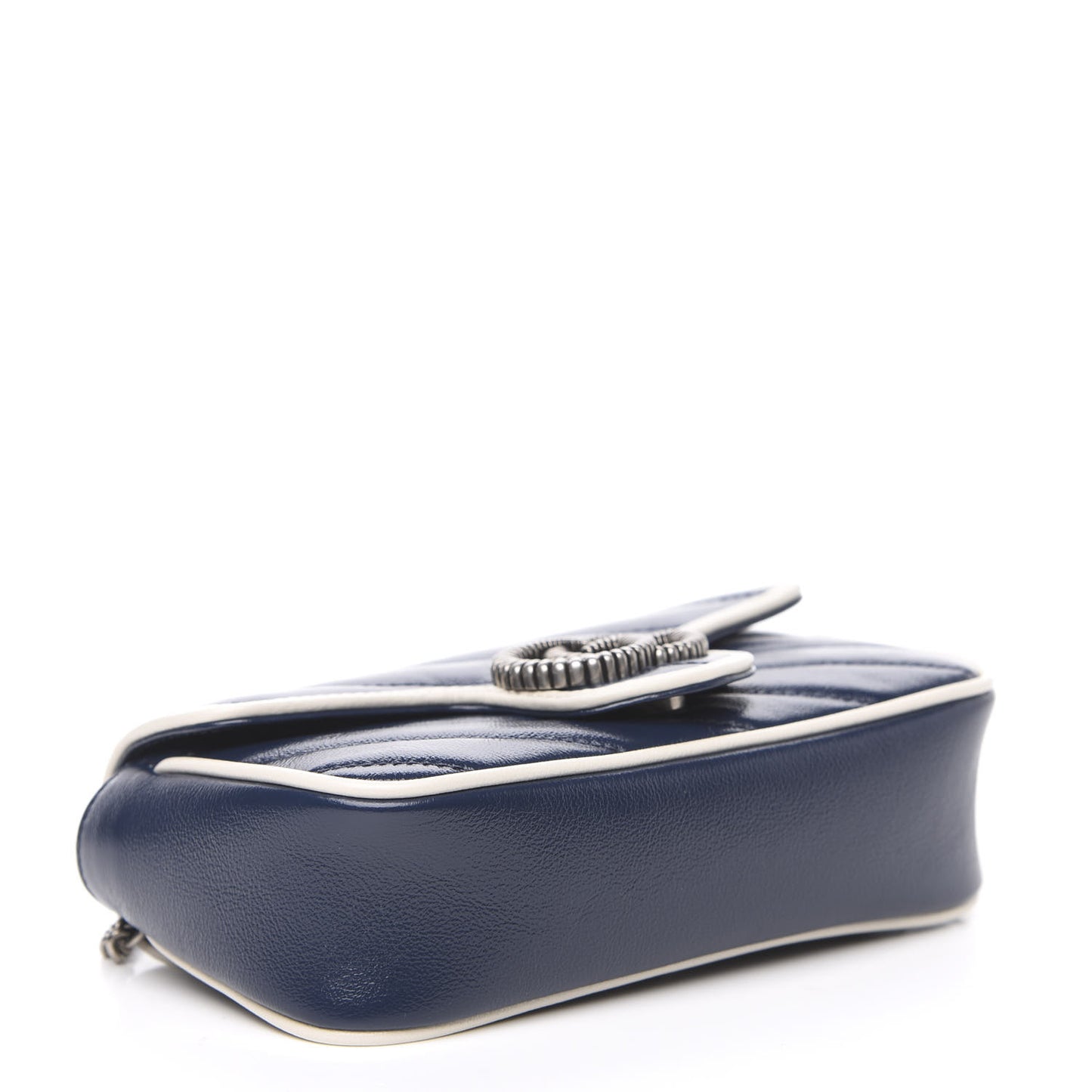 Vintage Effect Calfskin Matelasse Diagonal Super Mini Torchon GG Marmont Shoulder Bag Blue Agata Mystic White