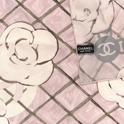 Chanel Silk CC Logo Camellia Scarf White Pink 3 of 3
