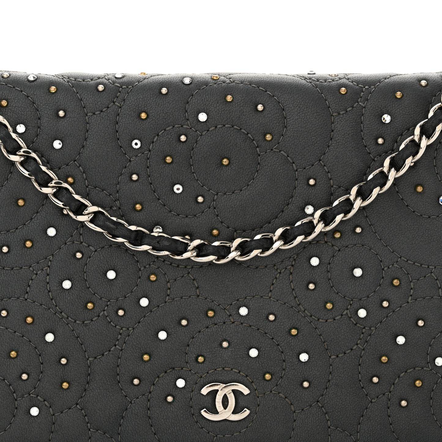 Lambskin Camellia Studded Wallet on Chain WOC Grey