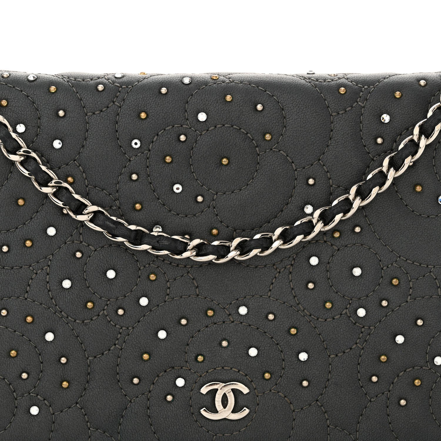 Chanel Lambskin Camellia Studded Wallet on Chain WOC Grey 9 of 18
