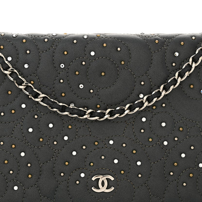 Chanel Lambskin Camellia Studded Wallet on Chain WOC Grey 9 of 18