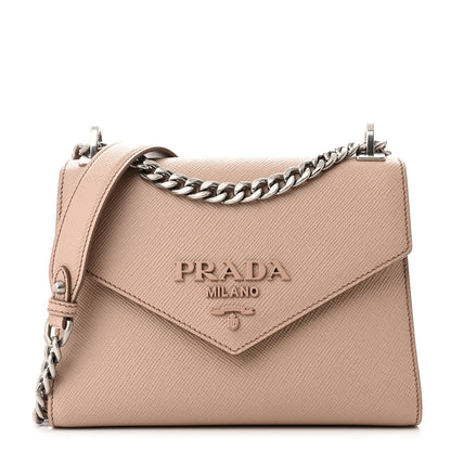 Prada Saffiano Cuir Calfskin Monochrome Envelope Flap Chain Shoulder Bag Cipria 1 of 9