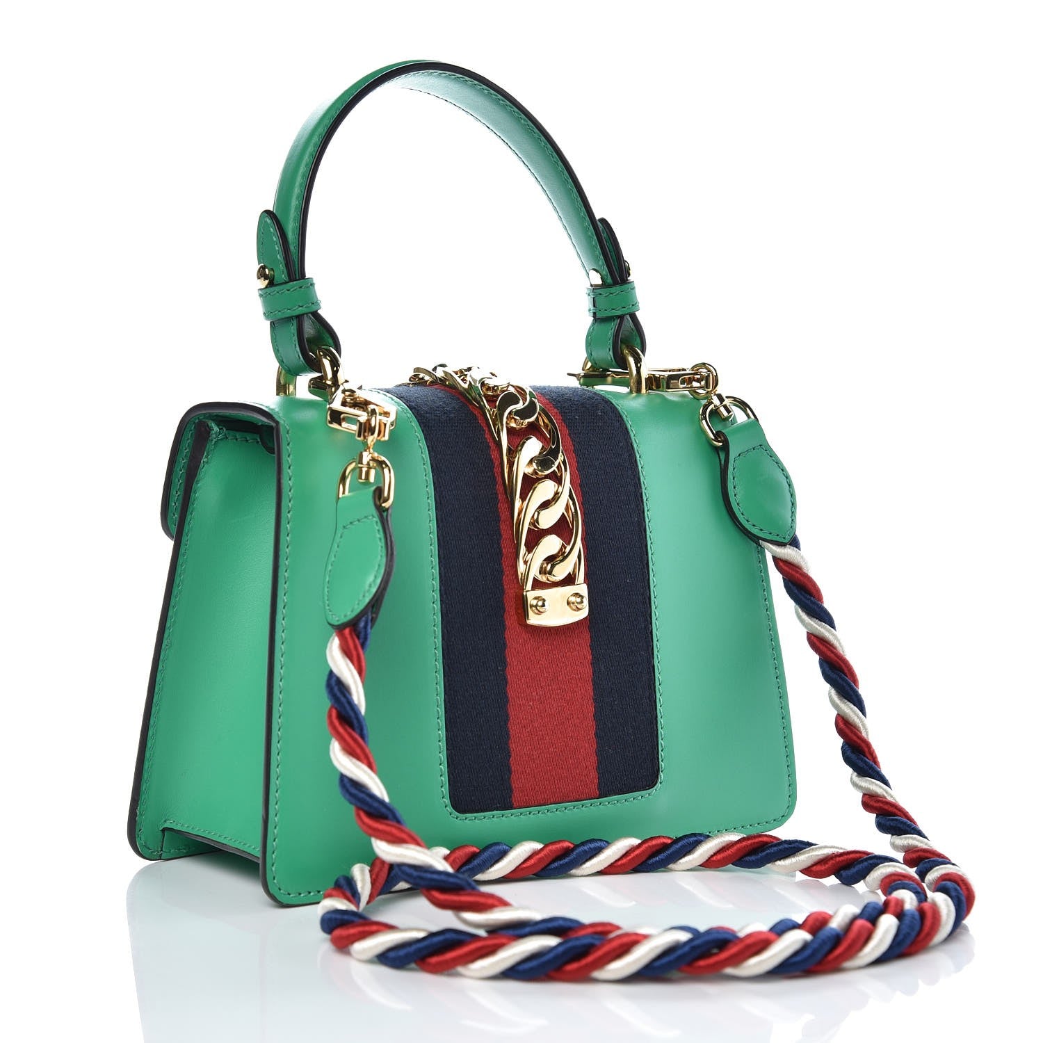 Gucci Vitello Fontanella Web Mini Sylvie Top Handle Bag Synthetic Green Garden 3 of 10