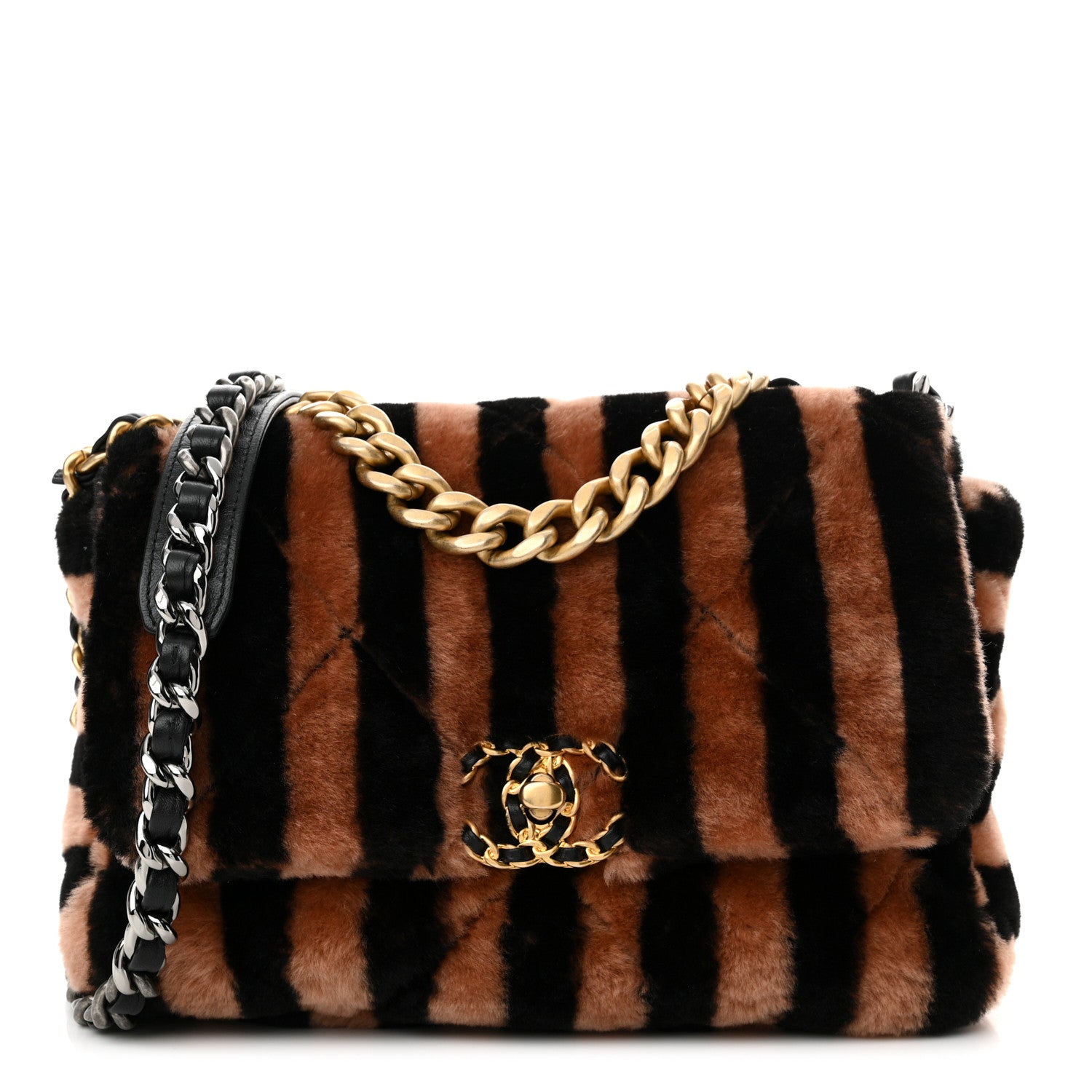 Chanel Shearling Striped Medium Chanel 19 Flap Black Beige 1 of 11