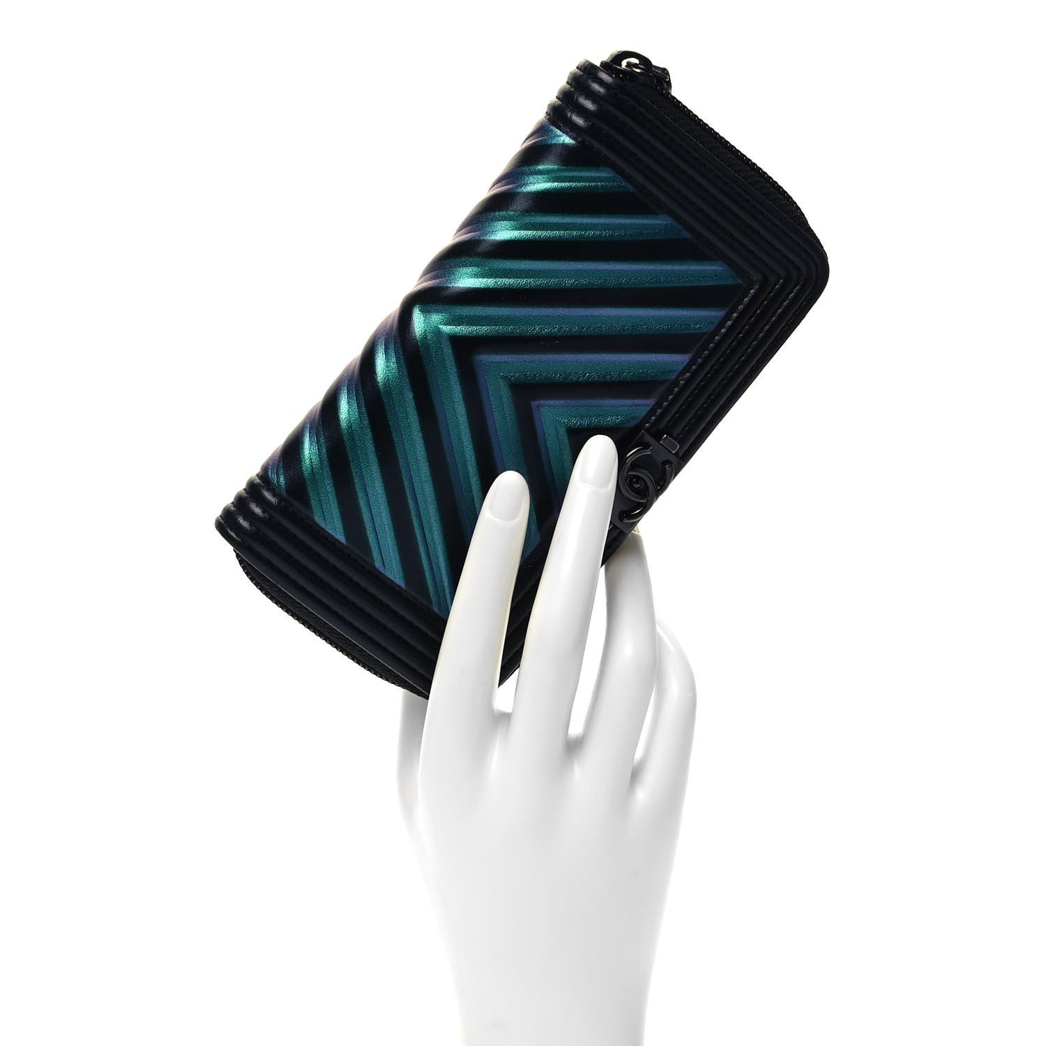 Chanel Calfskin Painted Chevron Embossed Small Boy Zip Wallet Black 2 of 9