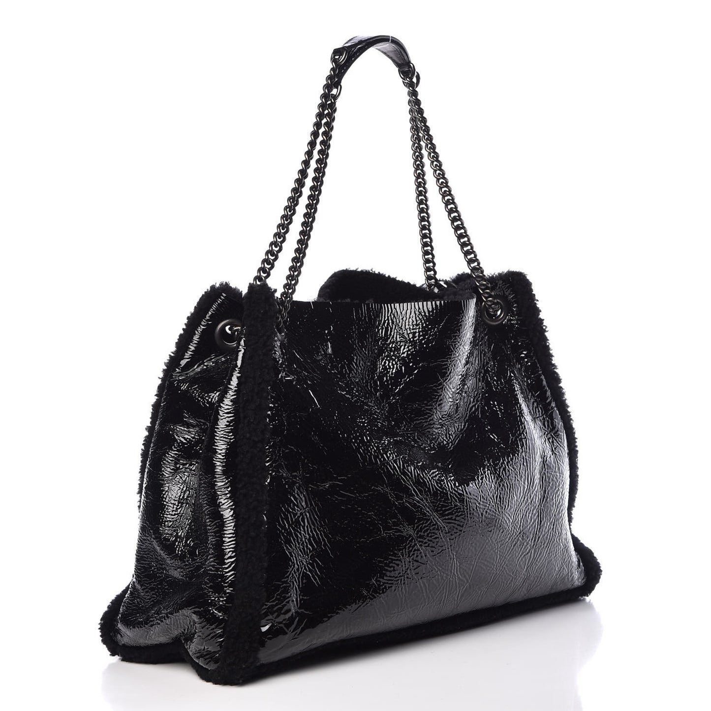 Patent Shearling Large Soho Chain Shoulder Bag Black