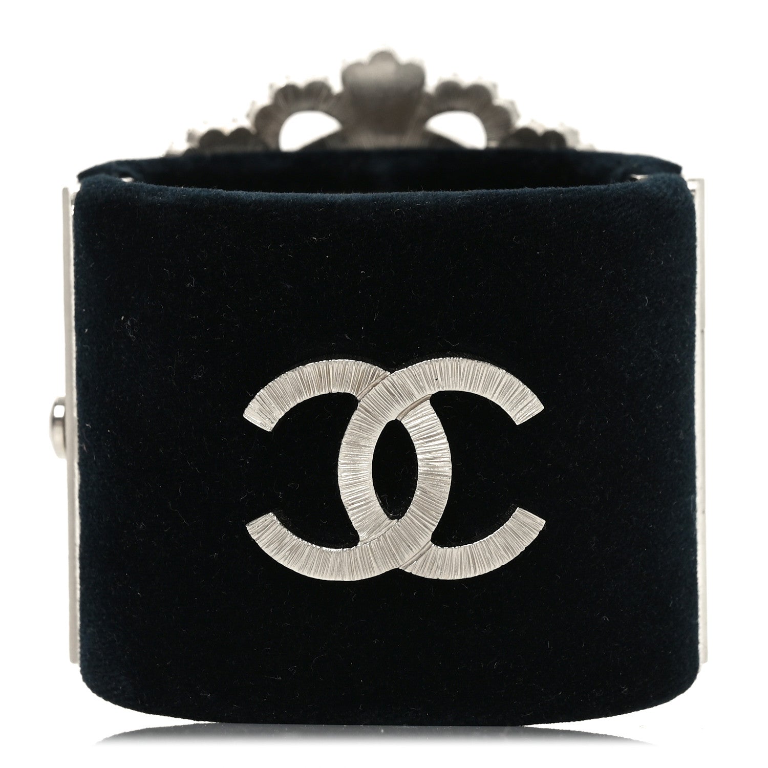 Chanel Metal Velvet Crystal Flower CC Wide Cuff Bracelet Silver Black 3 of 5