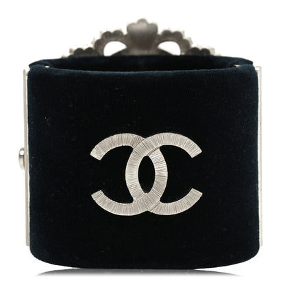 Chanel Metal Velvet Crystal Flower CC Wide Cuff Bracelet Silver Black 3 of 5