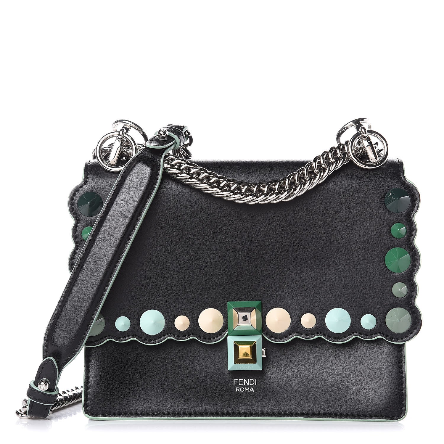 Fendi Vitello Liberty Scalloped Studded Small Kan I Shoulder Bag Black Multicolor 1 of 14