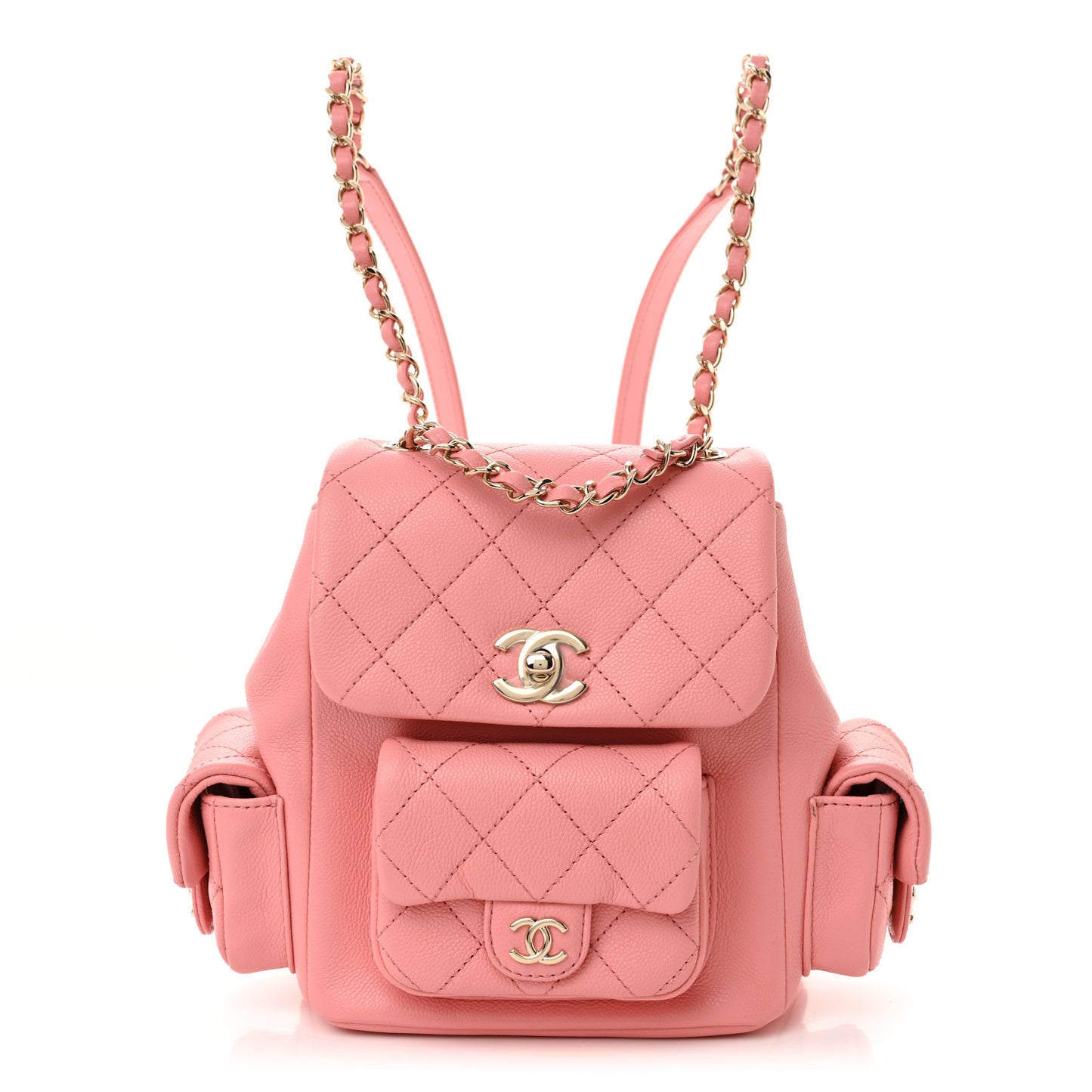 Shiny Caviar Quilted Small Pockets Drawstring Backpack Pink