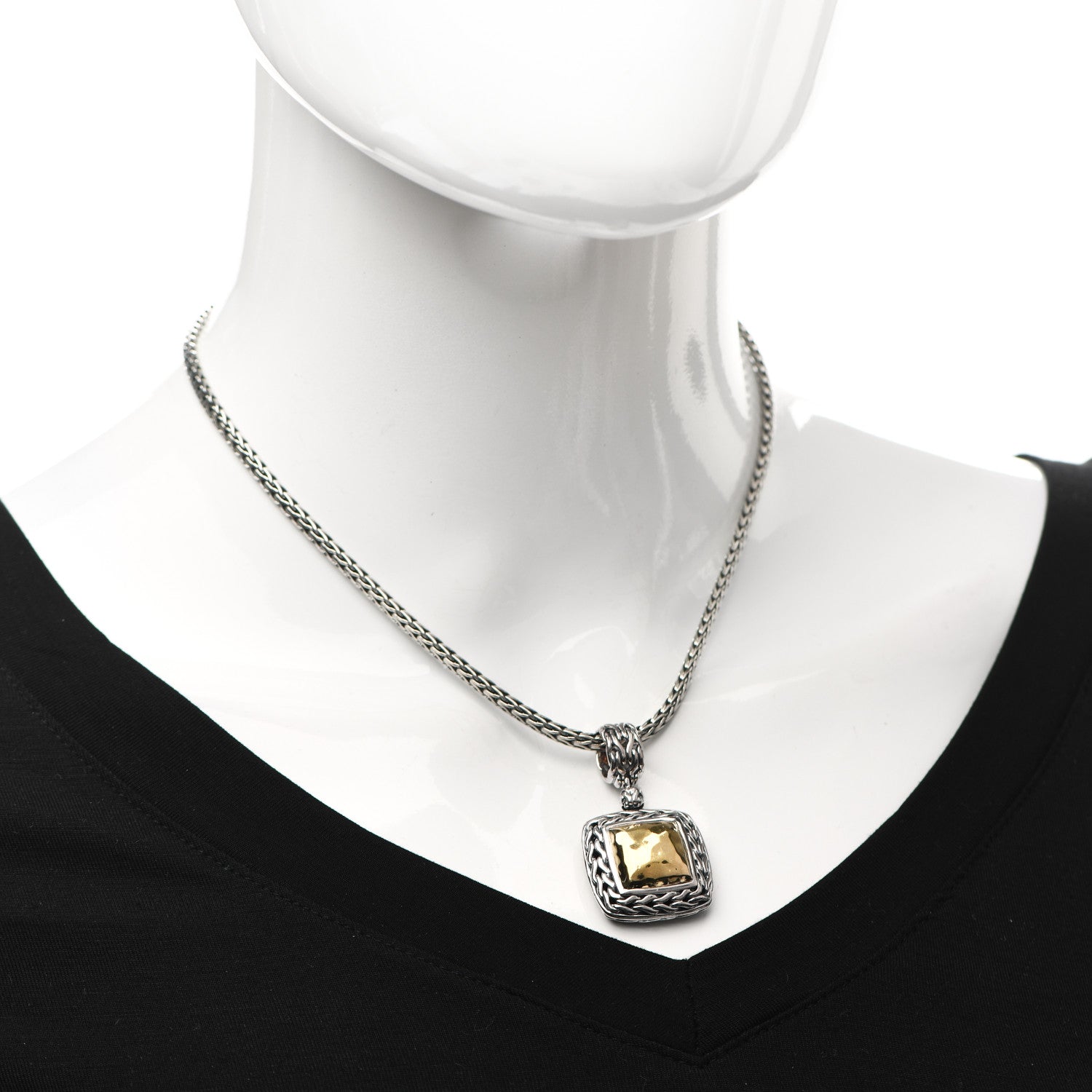 John Hardy Sterling Silver 22K Yellow Gold Palu Square Hammered Pendant Necklace 2 of 5
