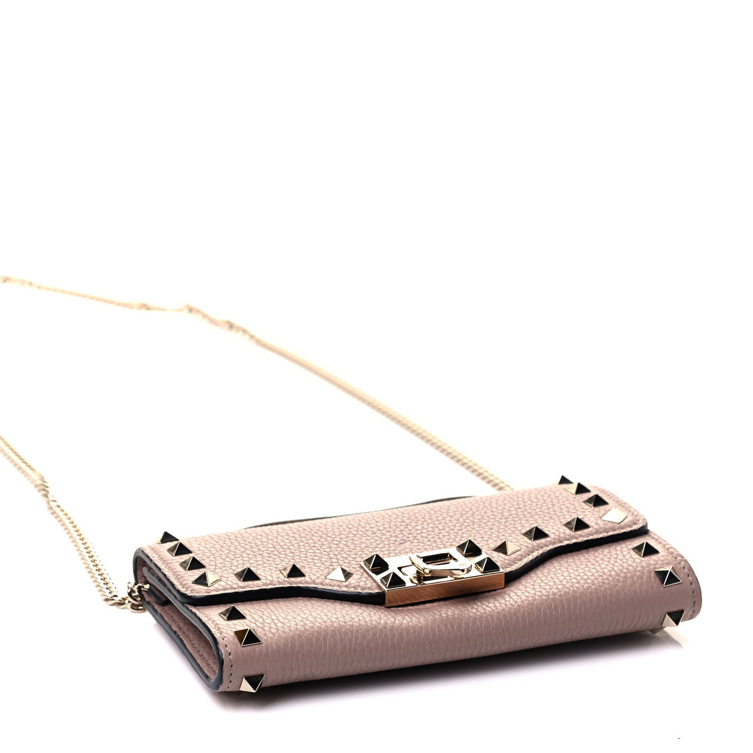 Valentino Garavani Pebbled Calfskin Rockstud Flip Lock Wallet On Chain Poudre 3 of 4