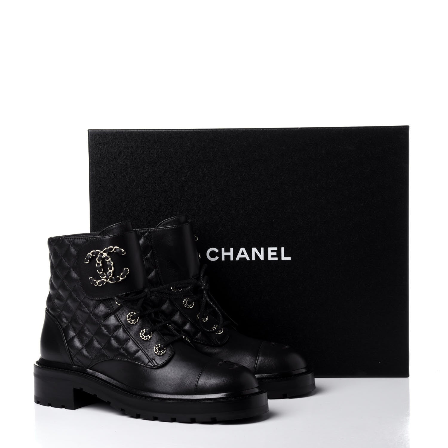 Chanel Shiny Lambskin Quilted Lace Up Combat Boots 39.5 Black 12 of 12