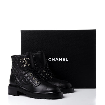 Chanel Shiny Lambskin Quilted Lace Up Combat Boots 39.5 Black 12 of 12