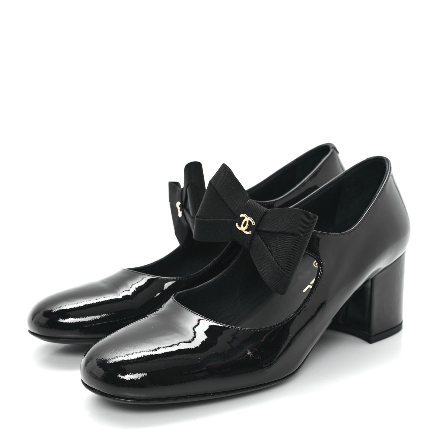 Patent Calfskin Grosgrain CC Mary Jane Pumps 40 Black