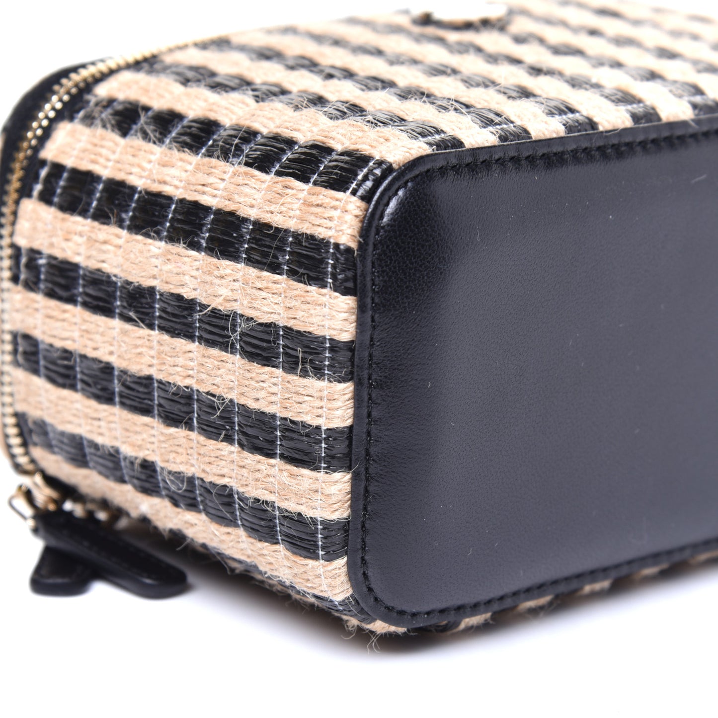 Raffia Jute Striped Small Vanity Case With Chain Black Beige