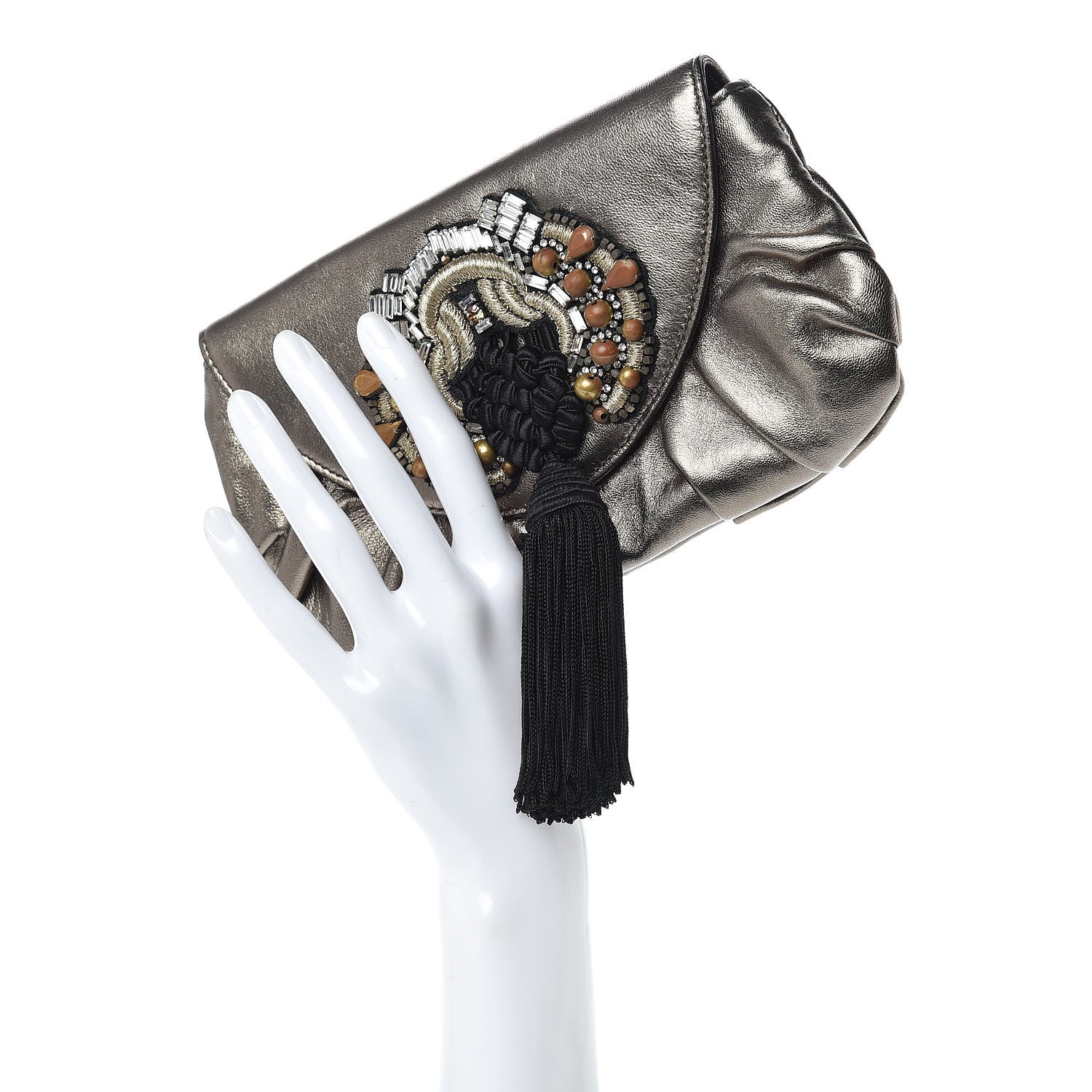 Gucci Metallic Calfskin Embellished Tassel Clutch Pewter 2 of 9