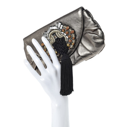 Gucci Metallic Calfskin Embellished Tassel Clutch Pewter 2 of 9