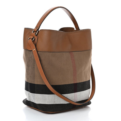 Burberry Grainy Calfskin Canvas Mega Check Medium Ashby Tassel Hobo Saddle Brown 3 of 9