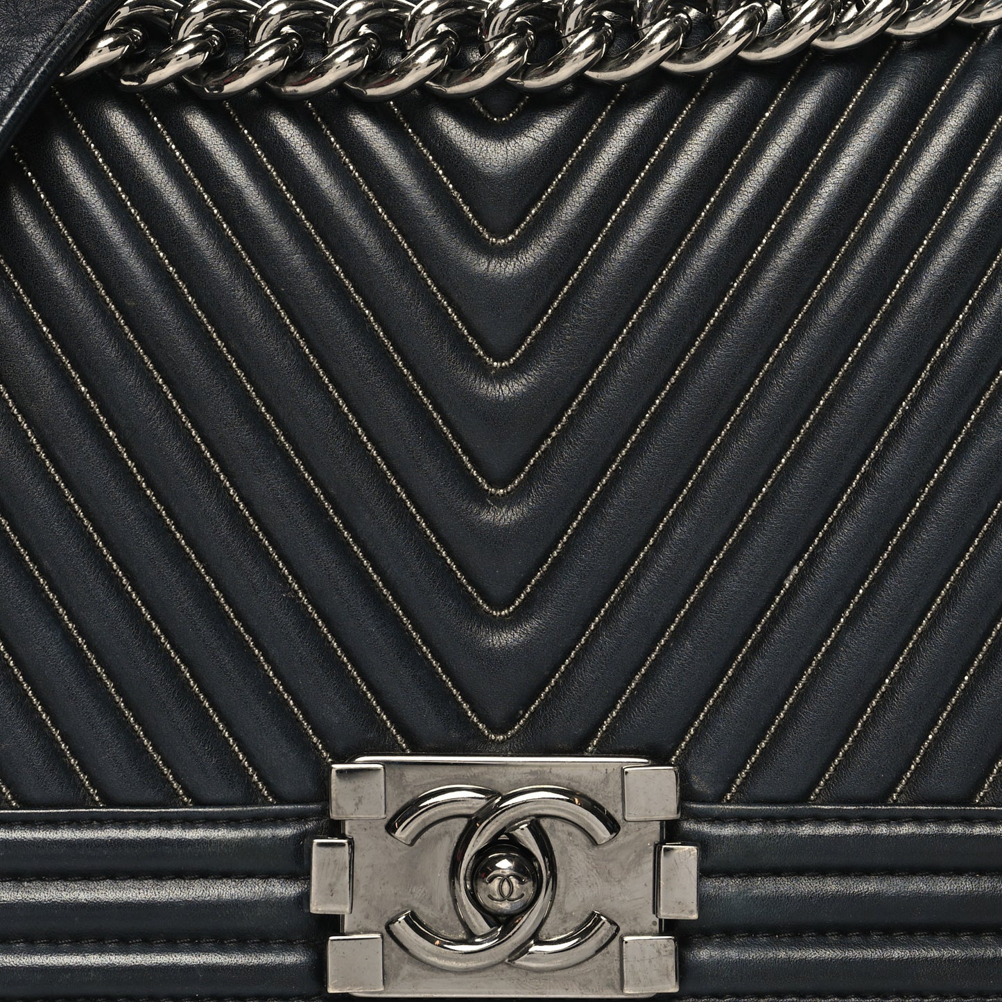 Calfskin Chevron Quilted Medium Chain Boy Flap Navy