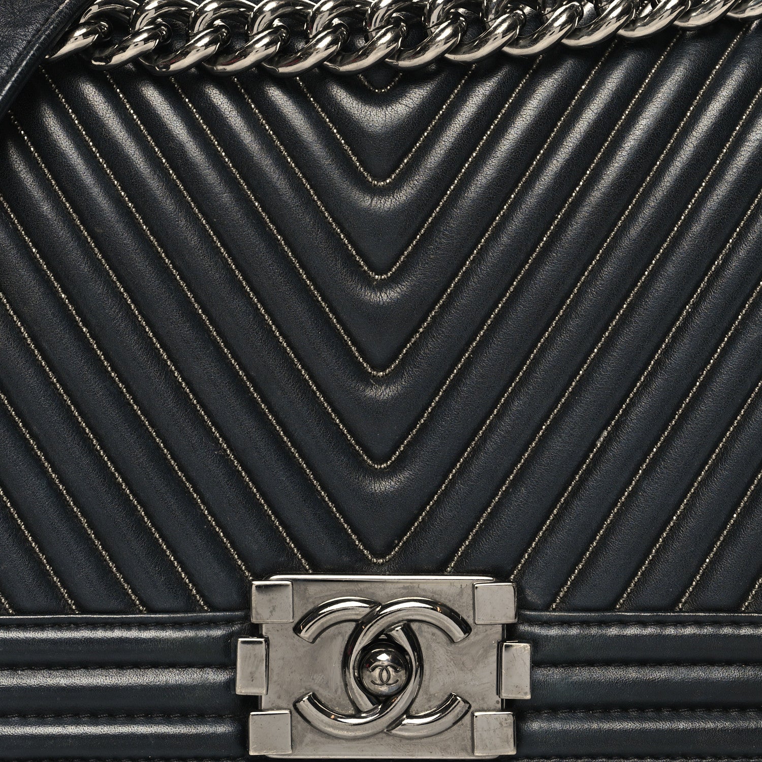 Chanel Calfskin Chevron Quilted Medium Chain Boy Flap Navy 8 of 12