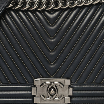 Chanel Calfskin Chevron Quilted Medium Chain Boy Flap Navy 8 of 12