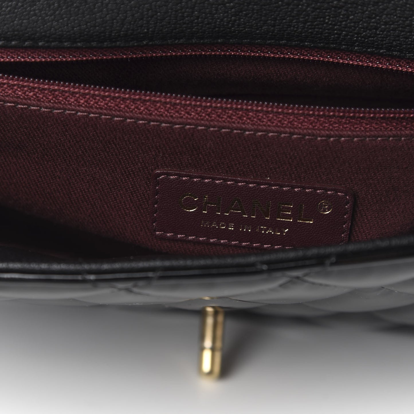 Patent Goatskin Quilted Medium CC Eyelet Flap Black