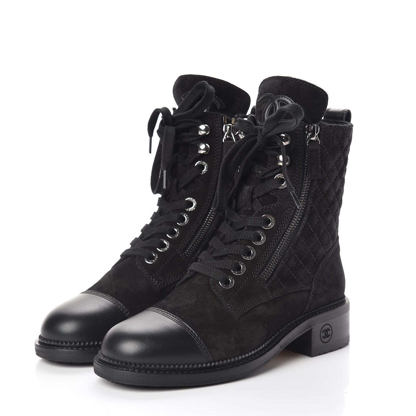 Suede Calfskin Quilted Lace Up Boots 36 Black