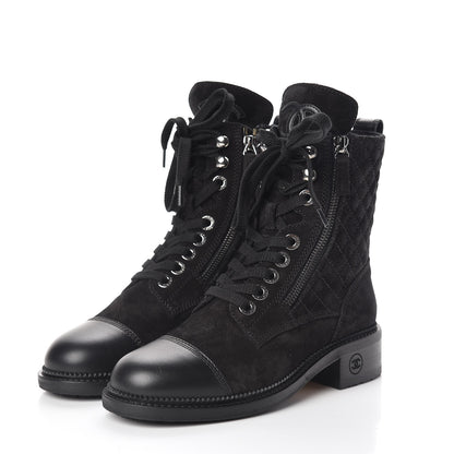Chanel Suede Calfskin Quilted Lace Up Boots 36 Black 3 of 8