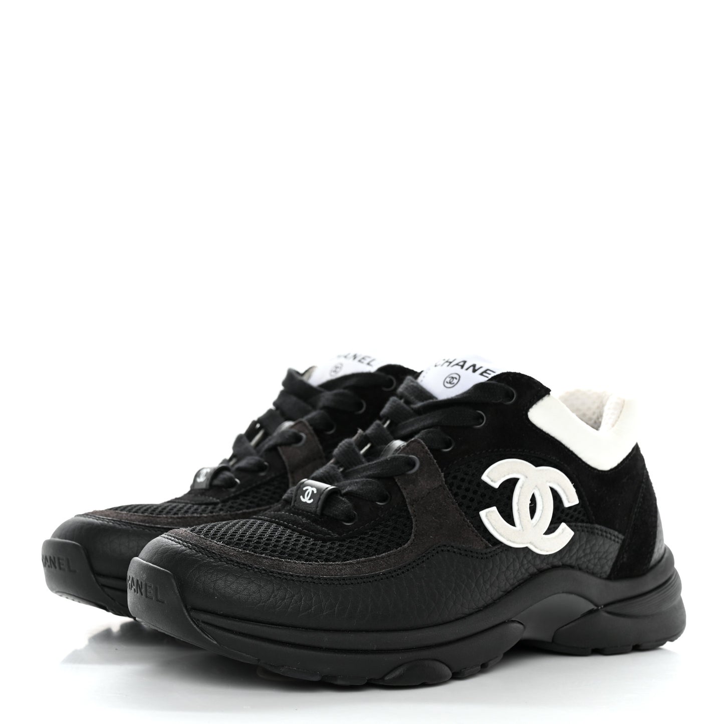 Mesh Suede Grained Calfskin Womens CC Sneakers 35 Black White