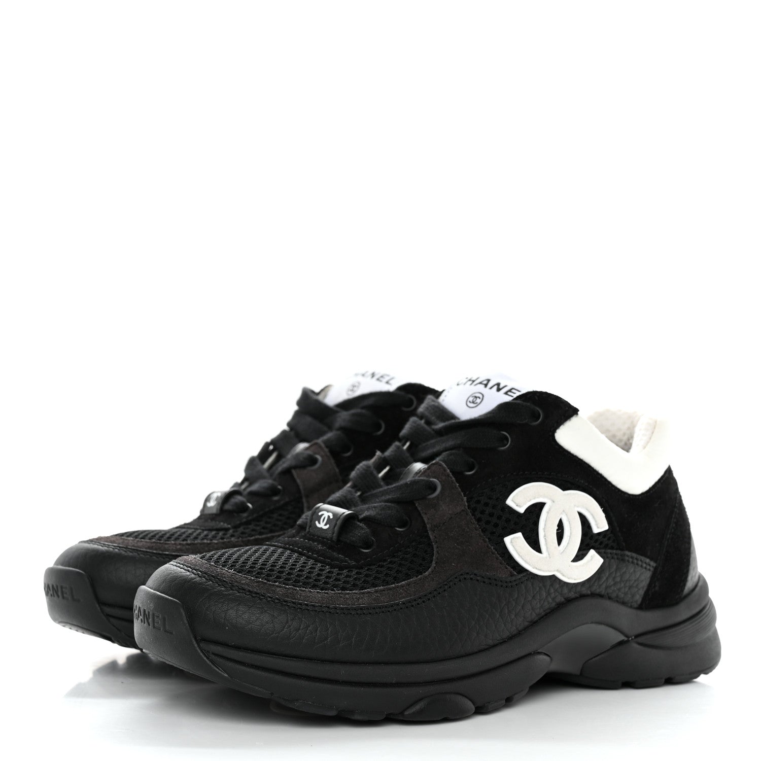 Chanel Mesh Suede Grained Calfskin Womens CC Sneakers 35 Black White 3 of 10