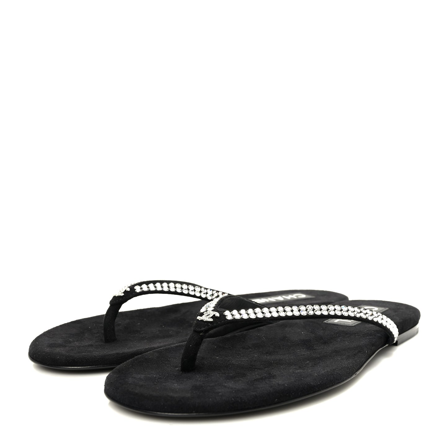 Suede Kidskin Strass CC Thong Sandals 38.5 Black