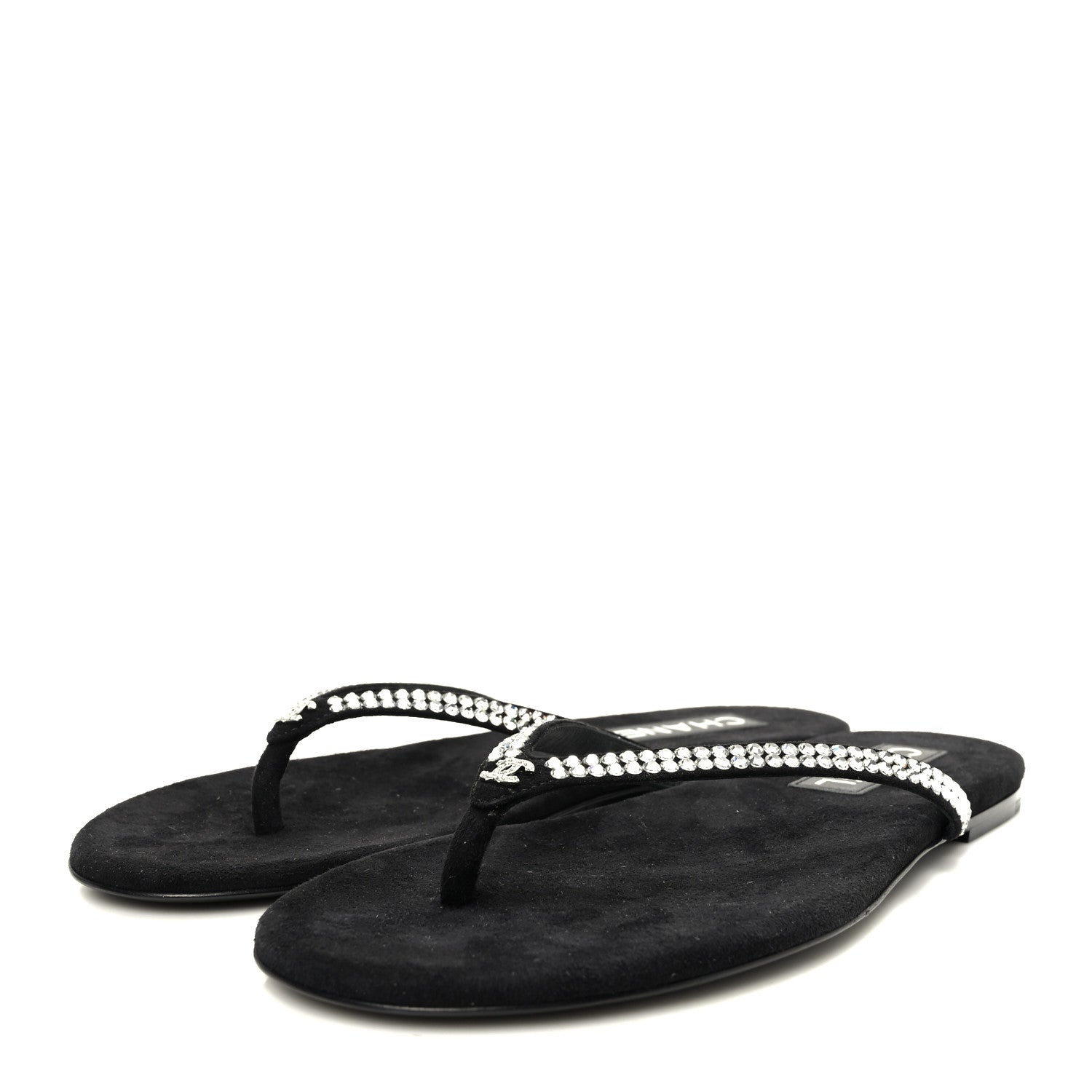 Chanel Suede Kidskin Strass CC Thong Sandals 38.5 Black 3 of 8