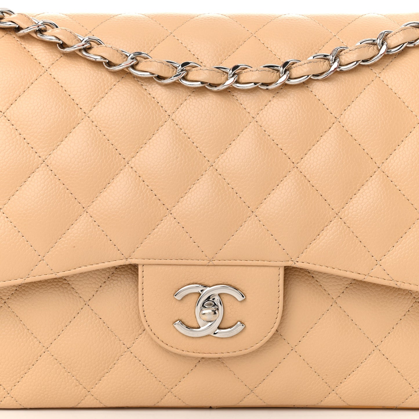 Caviar Quilted Jumbo Double Flap Beige
