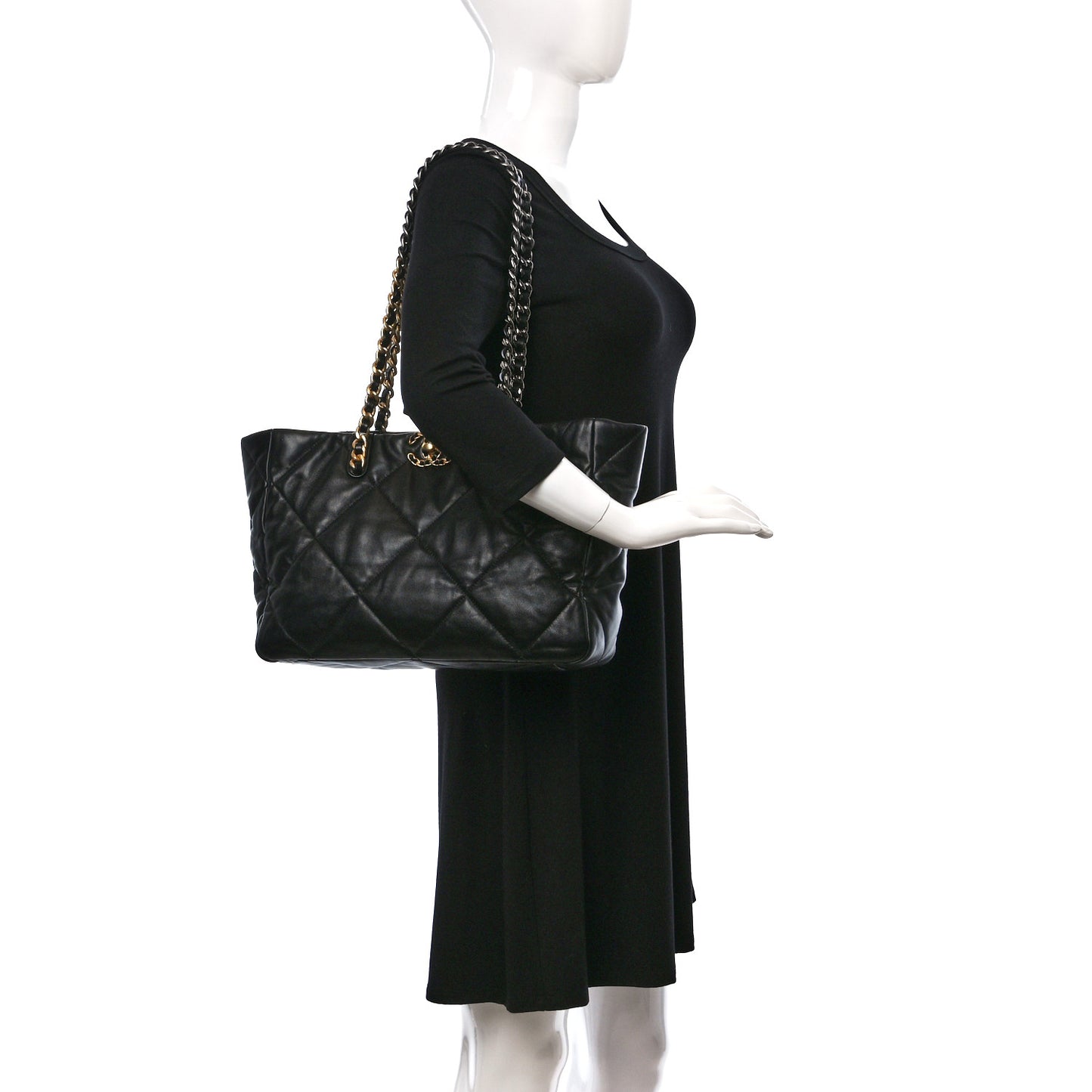 Lambskin Quilted Chanel 19 East West Shopping Bag Black