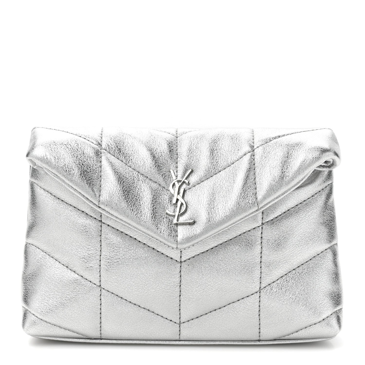 Saint Laurent Metallic Lambskin Monogram Loulou Puffer Pouch Clutch Silver 1 of 13
