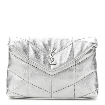 Saint Laurent Metallic Lambskin Monogram Loulou Puffer Pouch Clutch Silver 1 of 13