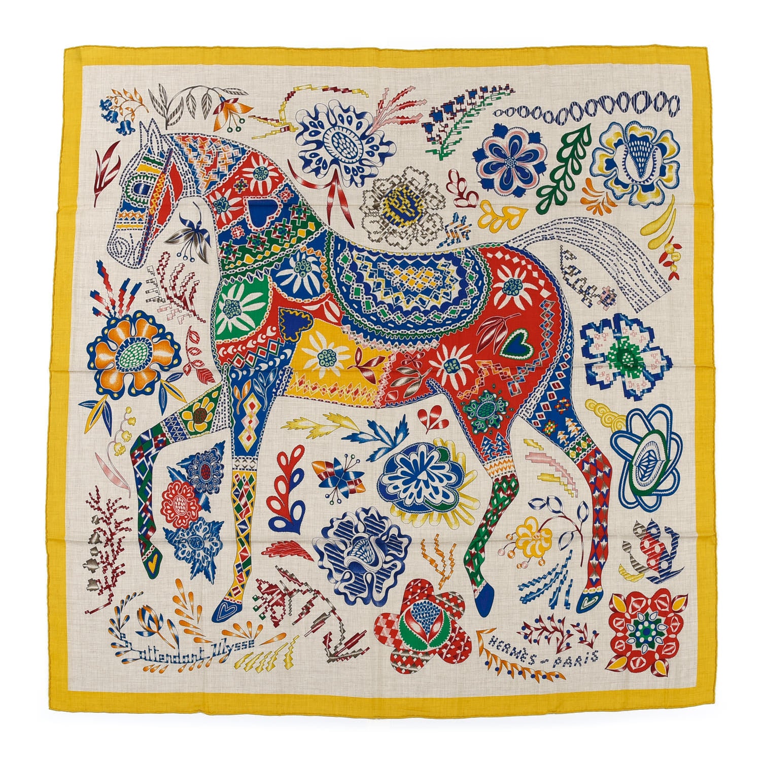 Hermes Cashmere Silk En Attendant Ulysse Shawl 140 Naturel Jaune D'Or 1 of 6