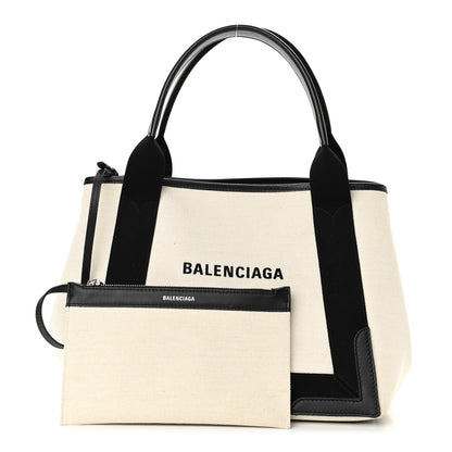 Balenciaga Cotton Canvas Satin Calfskin S Navy Cabas Natural Black 1 of 10