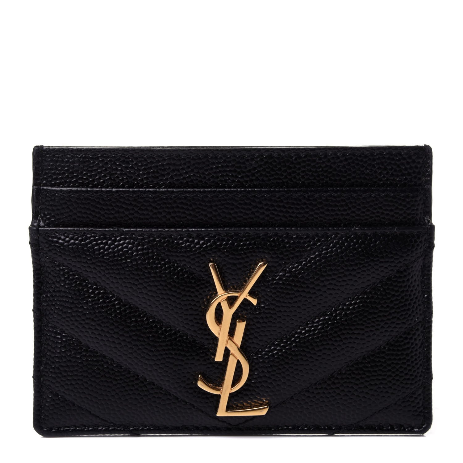 Saint Laurent Grain De Poudre Matelasse Chevron Monogram Credit Card Case Black 1 of 4