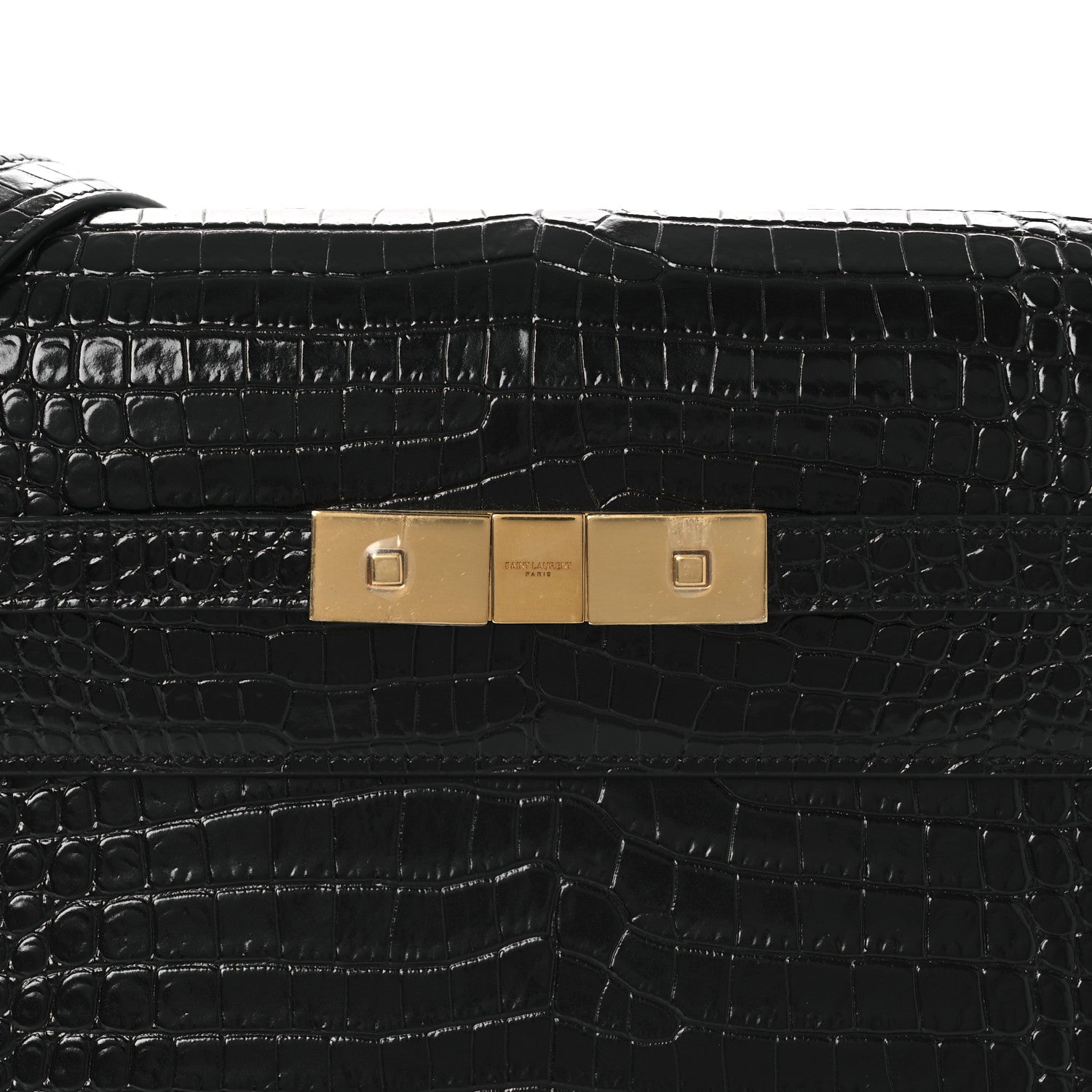 Saint Laurent Shiny Calfskin Crocodile Embossed Manhattan Baguette Black 8 of 12
