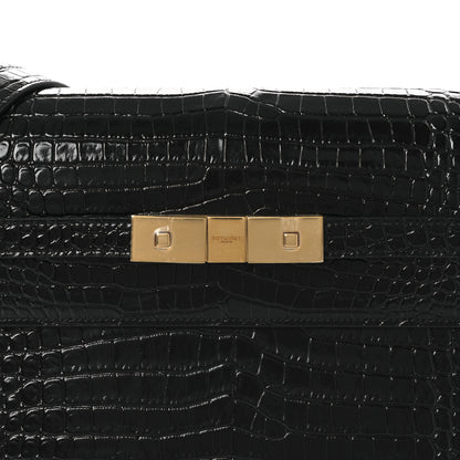 Saint Laurent Shiny Calfskin Crocodile Embossed Manhattan Baguette Black 8 of 12