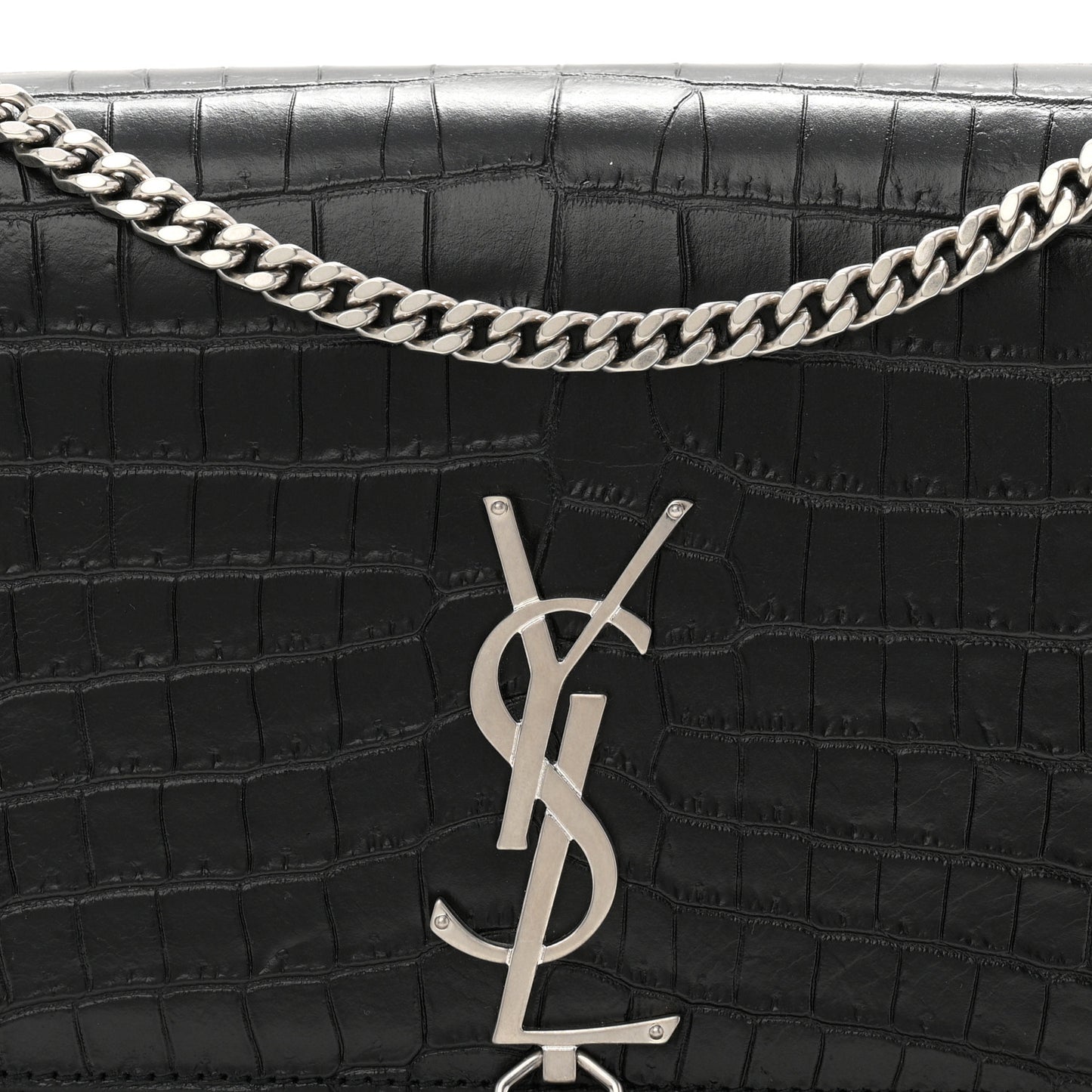 Calfskin Crocodile Embossed Medium Classic Monogram Kate Tassel Satchel Black