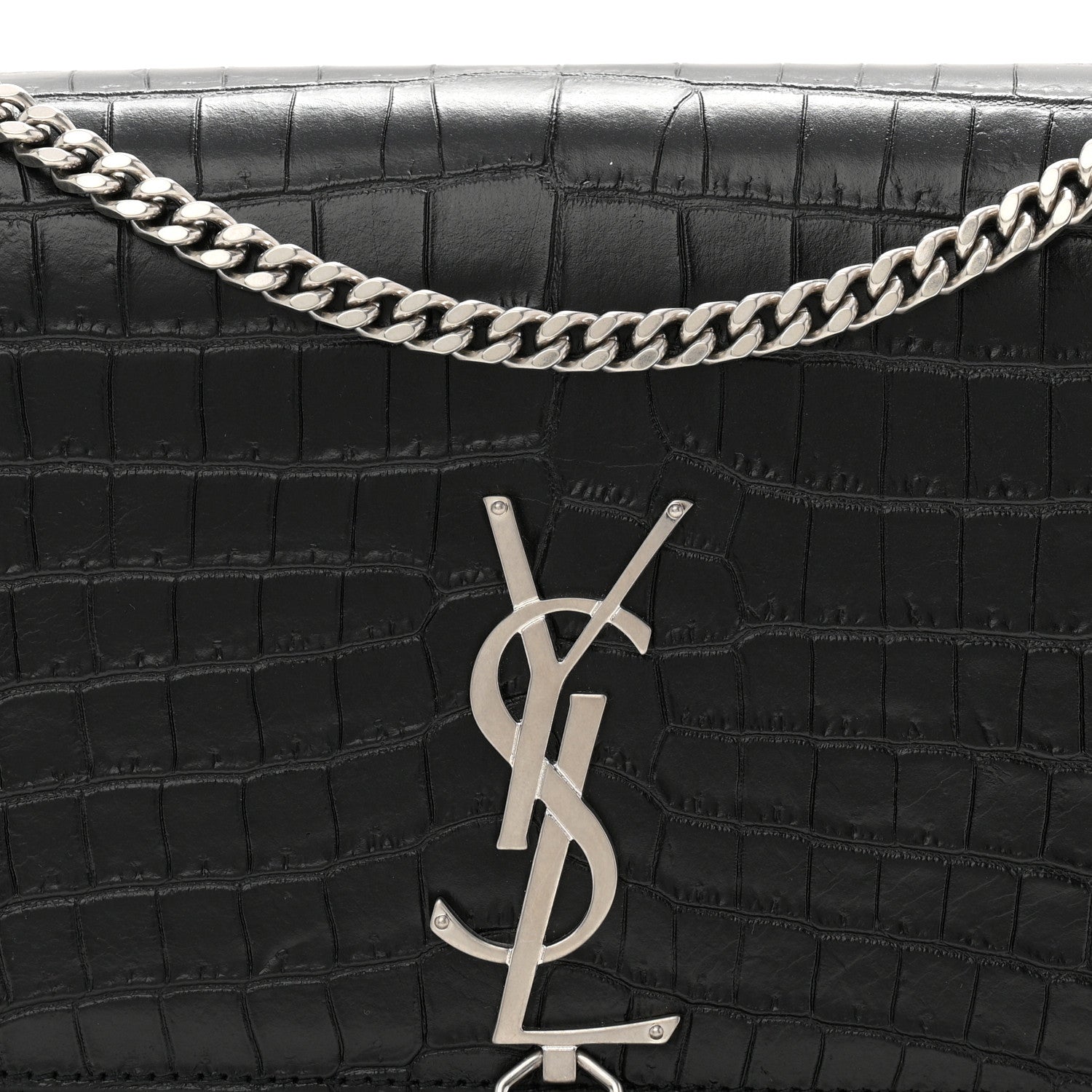 Saint Laurent Calfskin Crocodile Embossed Medium Classic Monogram Kate Tassel Satchel Black 8 of 10